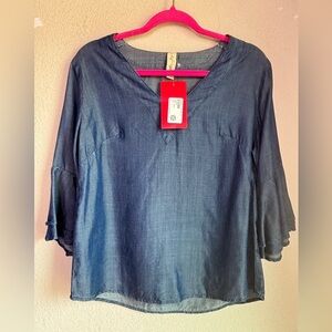 NWT Evereve Allison Joy Renee Chambray Denim 3/4 Ruffle Sleeve Blouse S